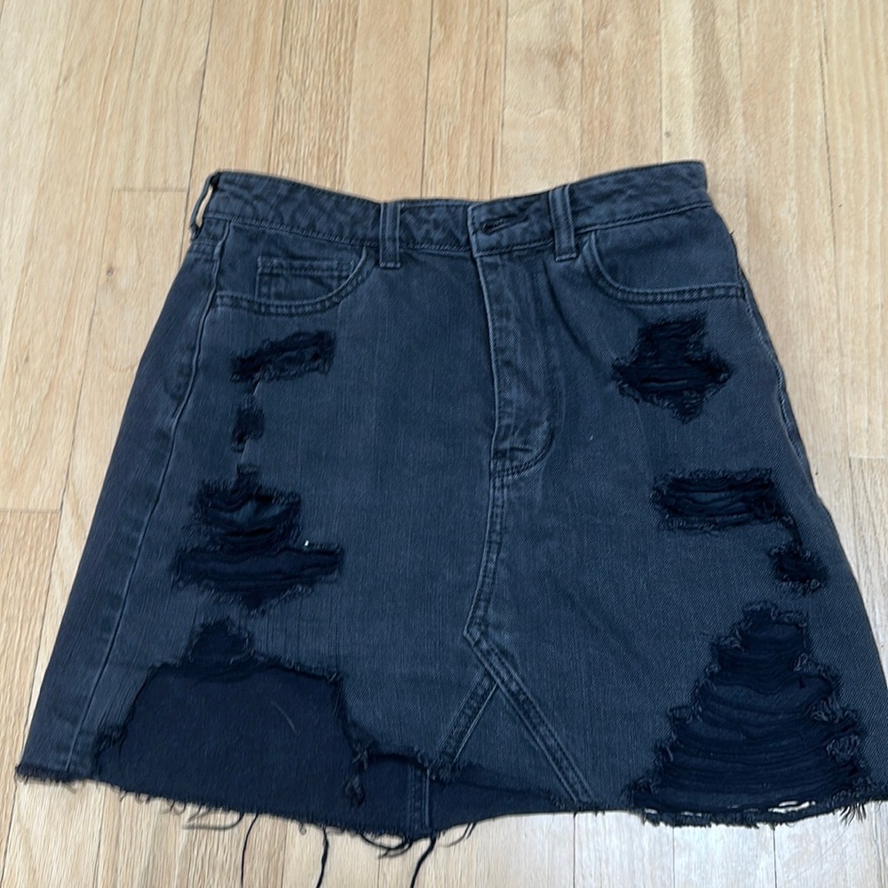 Hollister high rise distress raw edge black denim skirt